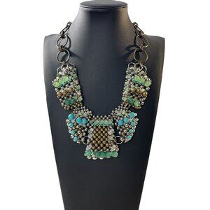 Pam Hiran Faux? Turquoise Brass Beaded Collar Statement Chunky Necklace BOHO